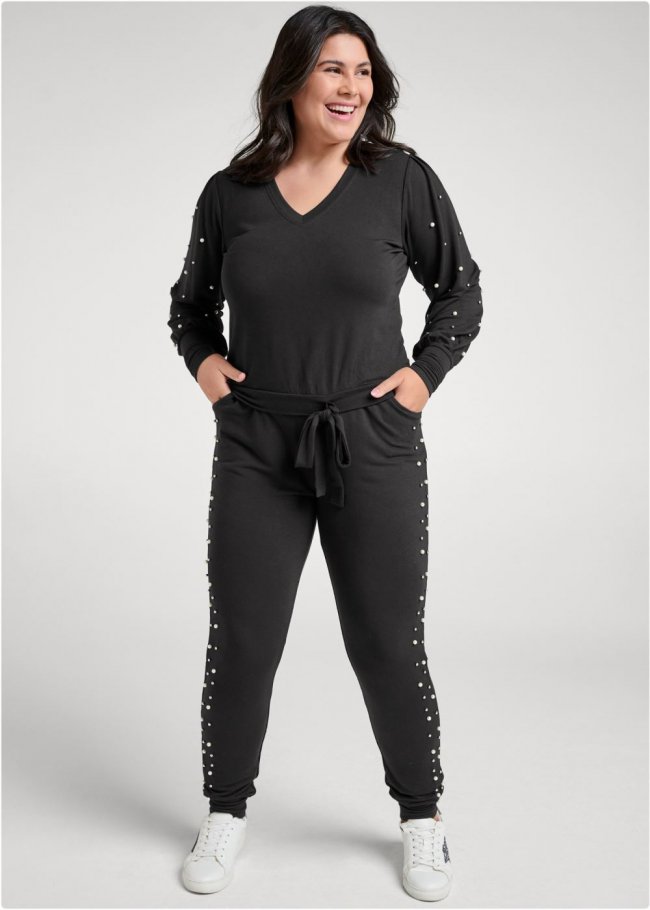 Venus Plus Size Pearl Detail Lounge Pant Set in Black Venus Plus Size Pearl Detail Lounge Pant Set in Black
