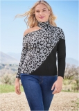 Venus Plus Size Leopard Print One-Shoulder Sweater in Grey & Black Venus Plus Size Leopard Print One-Shoulder Sweater in Grey & Black