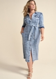 Venus Plus Size Tie-Waist Denim Midi Dress Venus Plus Size Tie-Waist Denim Midi Dress