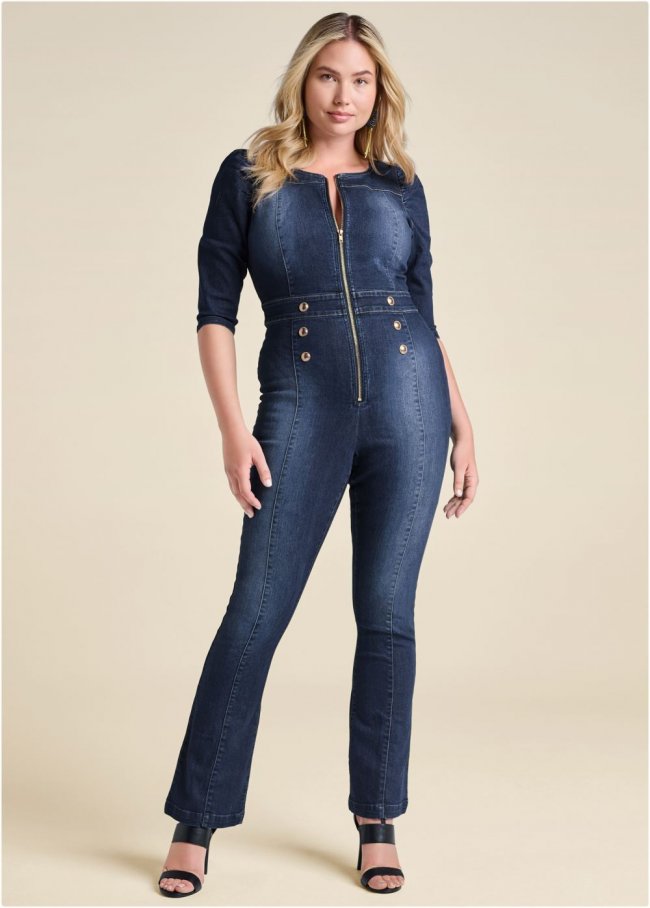 Venus Plus Size Denim Zip Jumpsuit in Dark Wash Venus Plus Size Denim Zip Jumpsuit in Dark Wash