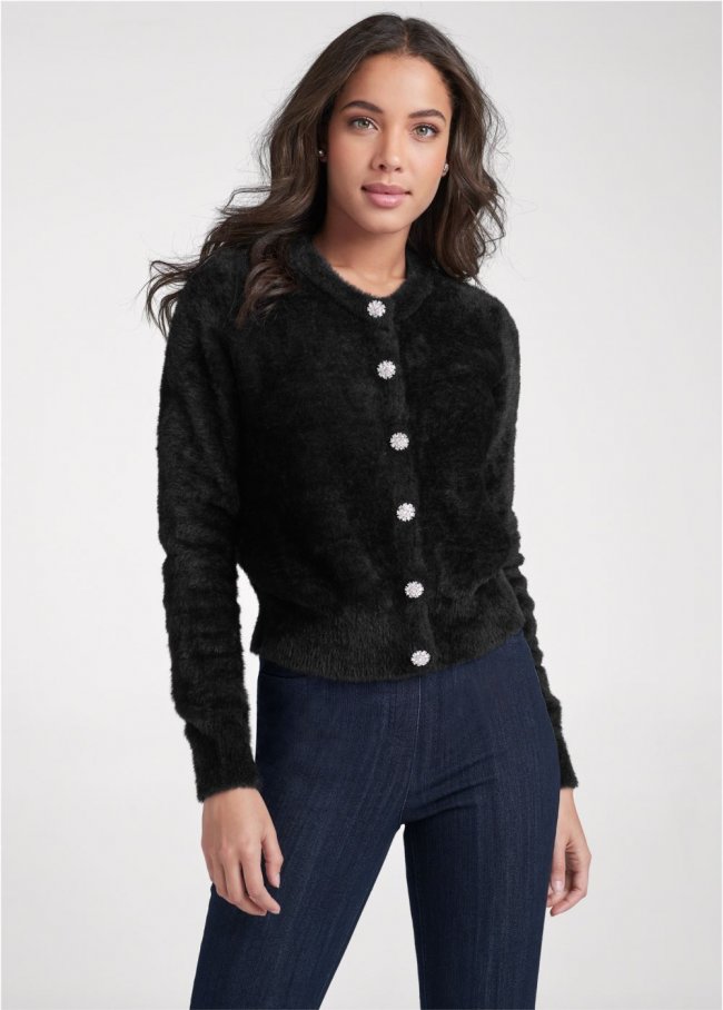 Venus Plus Size Cozy Button-Front Cardigan in Black Venus Plus Size Cozy Button-Front Cardigan in Black