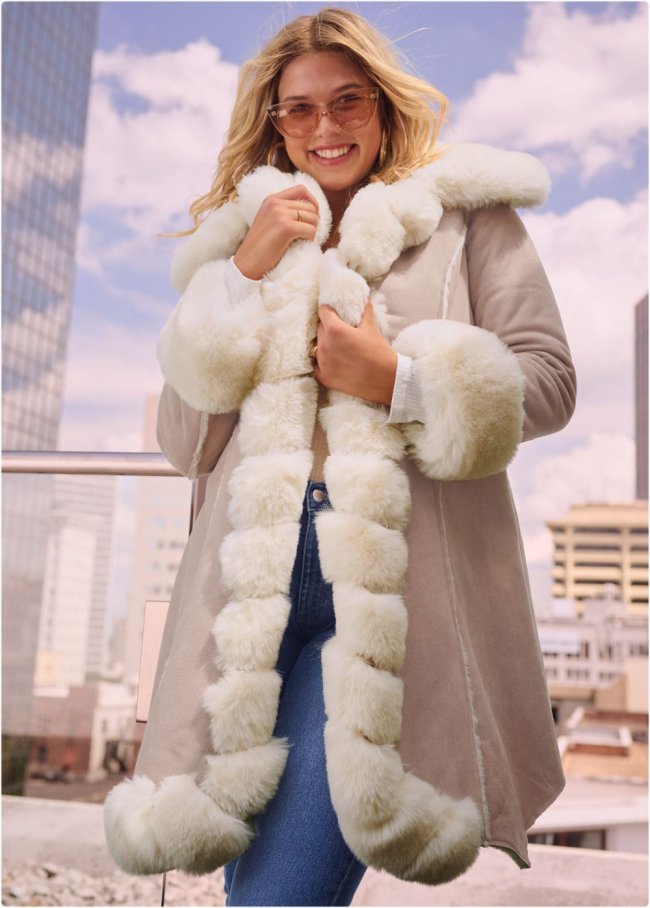 Venus Faux-Suede-And-Fur Coat in Taupe & Off White Venus Faux-Suede-And-Fur Coat in Taupe & Off White