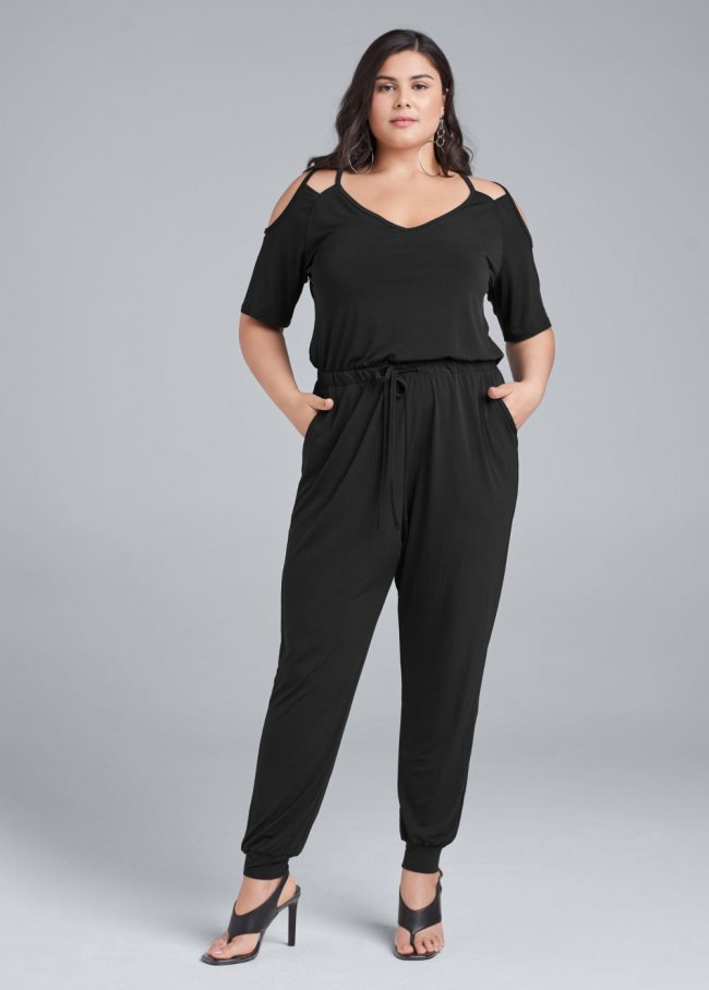 Venus Plus Size Cold-Shoulder Jumpsuit in Black Venus Plus Size Cold-Shoulder Jumpsuit in Black