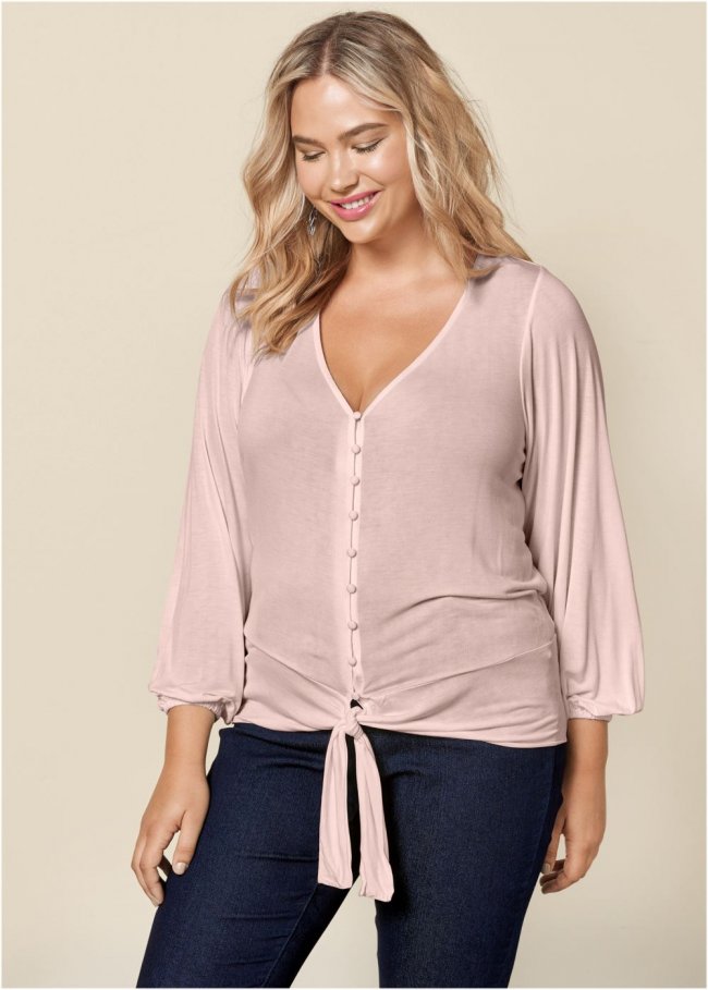 Venus Peach Tie-Front Button-Up Top Venus Peach Tie-Front Button-Up Top