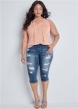 Venus Plus Size Ripped Capri Jeans in Medium Wash Venus Plus Size Ripped Capri Jeans in Medium Wash