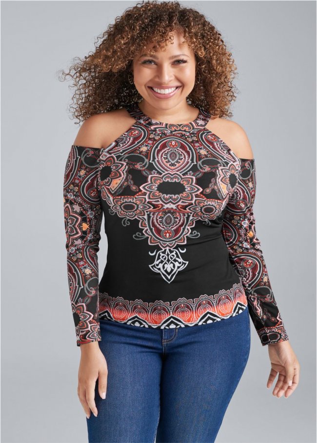Venus Plus Size Paisley Cold-Shoulder Top