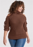 Venus Plus Size Cold Shoulder Turtleneck Sweater in Brown Venus Plus Size Cold Shoulder Turtleneck Sweater in Brown