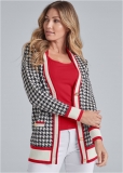Venus Plus Size Houndstooth Print Cardigan With Color Block Stripes in Black & White Venus Plus Size Houndstooth Print Cardigan With Color Block Stripes in Black & White