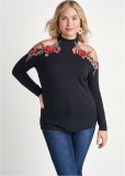 Venus Plus Size Rose Applique Cold-Shoulder Top Venus Plus Size Rose Applique Cold-Shoulder Top