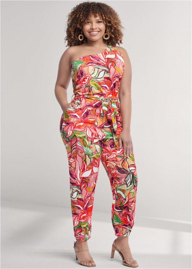 Venus Plus Size Tropical Printed Jumpsuit in Red Multi Venus Plus Size Tropical Printed Jumpsuit in Red Multi