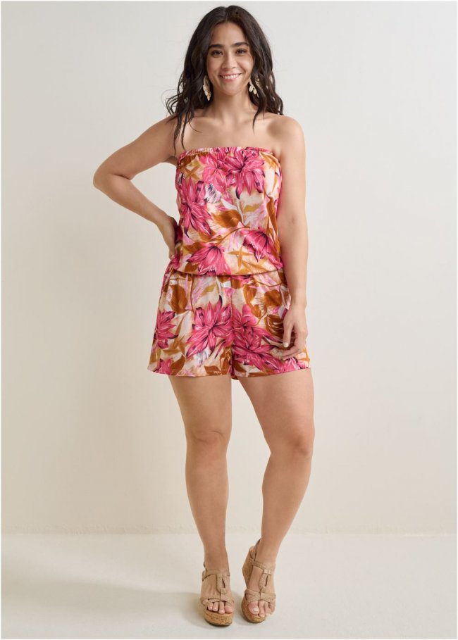 Venus Plus Size Strapless Casual Romper in Pink Multi Venus Plus Size Strapless Casual Romper in Pink Multi
