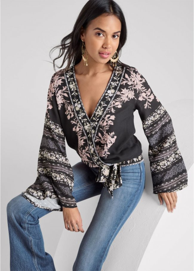 Venus Plus Size Bell Sleeve Print Wrap Top Venus Plus Size Bell Sleeve Print Wrap Top