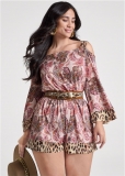 Venus Plus Size Sahara Paisley Cold Shoulder Romper in Blush & Brown Venus Plus Size Sahara Paisley Cold Shoulder Romper in Blush & Brown