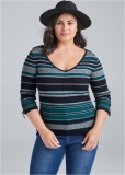 Venus Plus Size Striped Sweater in Black Multi Venus Plus Size Striped Sweater in Black Multi