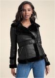 Venus Faux-Leather And Fur Coat in Black Venus Faux-Leather And Fur Coat in Black