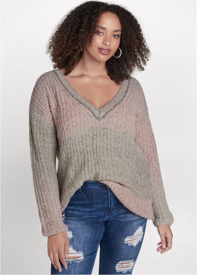 Venus Plus Size Ombre Knit V-Neck Sweater in Pink Multi Venus Plus Size Ombre Knit V-Neck Sweater in Pink Multi