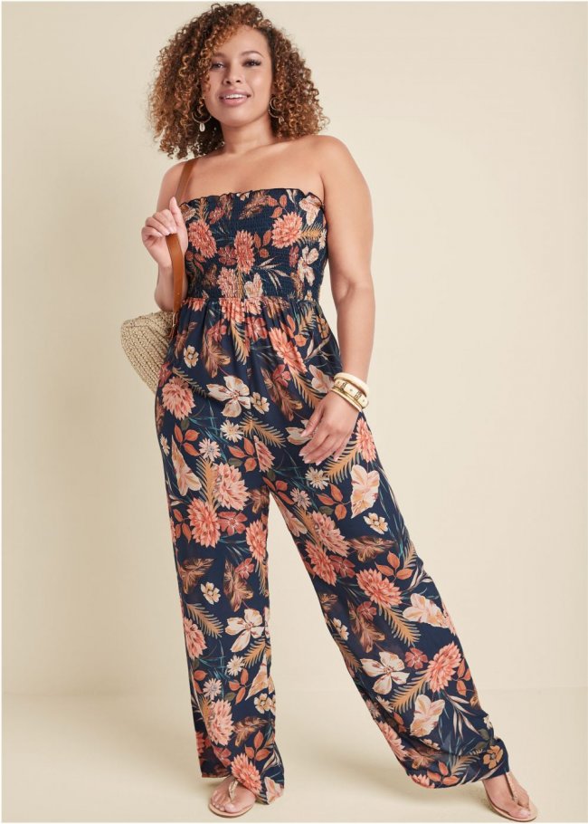 Venus Plus Size Floral Strapless Jumpsuit in Black Multi Venus Plus Size Floral Strapless Jumpsuit in Black Multi