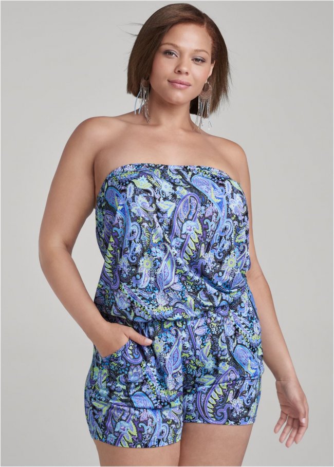 Venus Plus Size Paisley Printed Romper in Blue Multi Venus Plus Size Paisley Printed Romper in Blue Multi