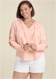 Venus Plus Size Pearl Cutout Sleeve Hoodie in Pink Venus Plus Size Pearl Cutout Sleeve Hoodie in Pink