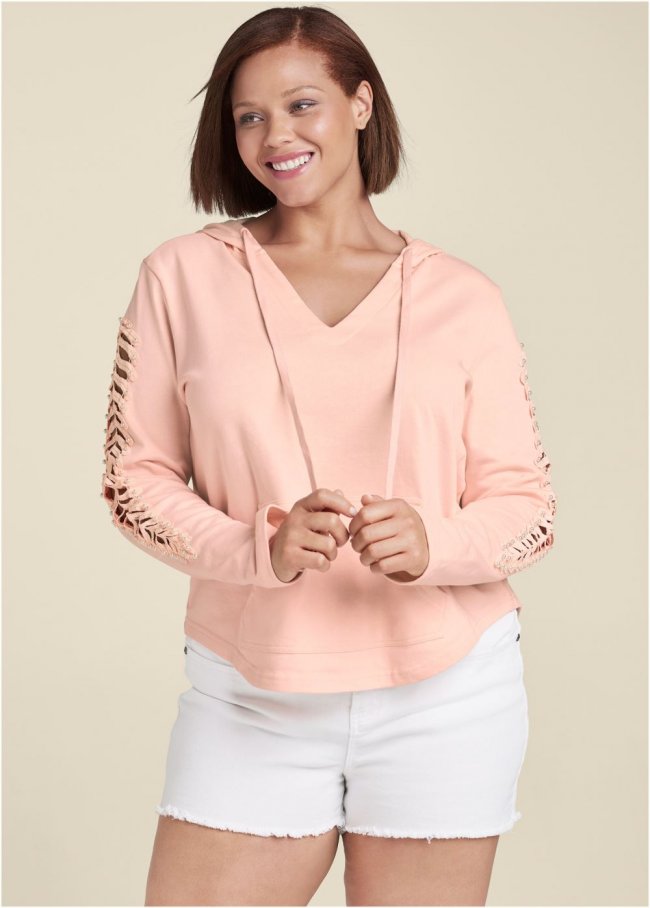 Venus Plus Size Pearl Cutout Sleeve Hoodie in Pink Venus Plus Size Pearl Cutout Sleeve Hoodie in Pink