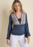 Venus Plus Size Smocked Border Print Top Venus Plus Size Smocked Border Print Top