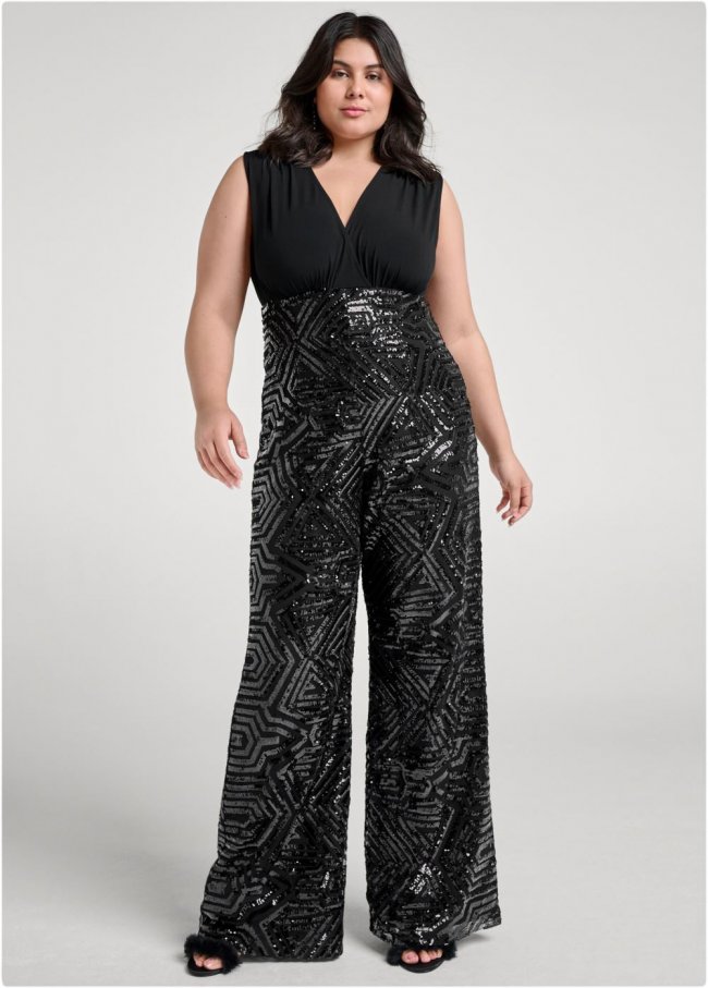 Venus Plus Size Sequin Surplice Jumpsuit in Black Venus Plus Size Sequin Surplice Jumpsuit in Black