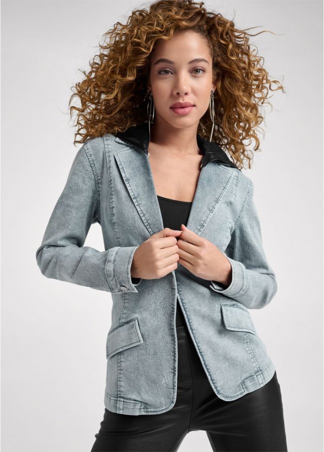 Venus Denim Blazer With Faux Leather Hood in Medium Wash Venus Denim Blazer With Faux Leather Hood in Medium Wash