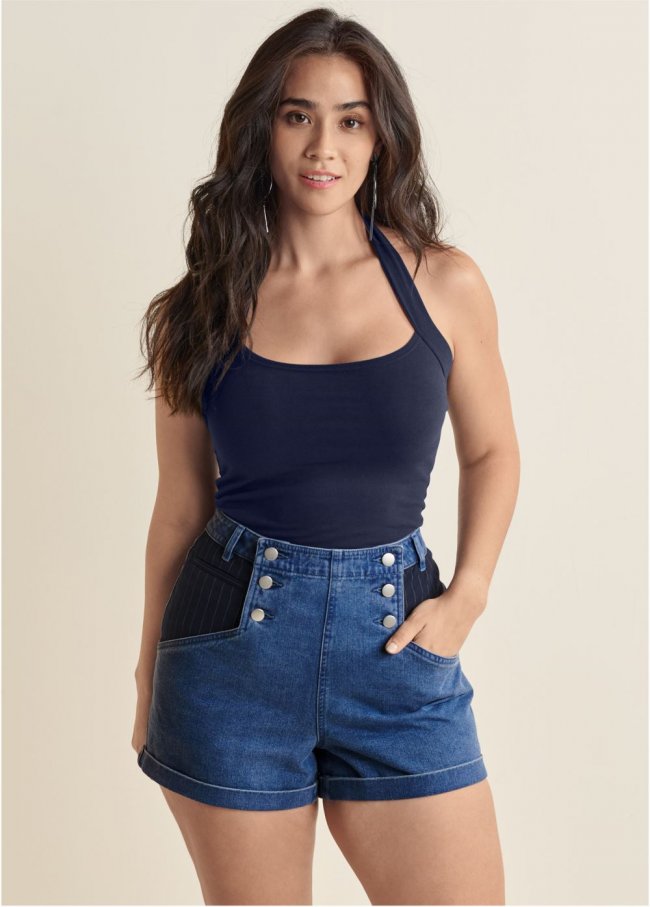 Venus Plus Size Suiting Denim Mixed Shorts - Medium Wash Venus Plus Size Suiting Denim Mixed Shorts - Medium Wash