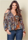 Venus Orange Multi Cold-shoulder paisley top Venus Orange Multi Cold-shoulder paisley top