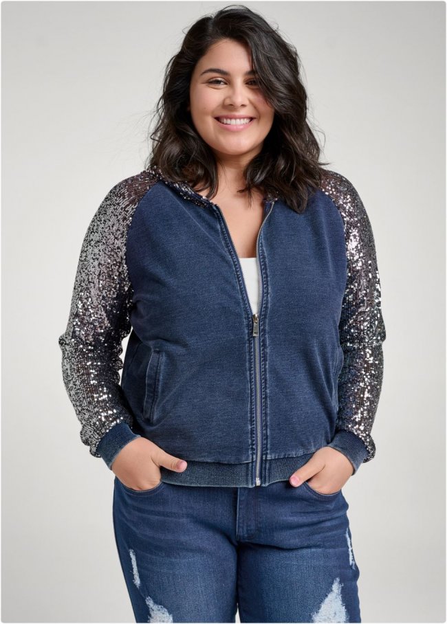 Venus Plus Size Washed Sequin Lounge Jacket in Blue & Silver Venus Plus Size Washed Sequin Lounge Jacket in Blue & Silver