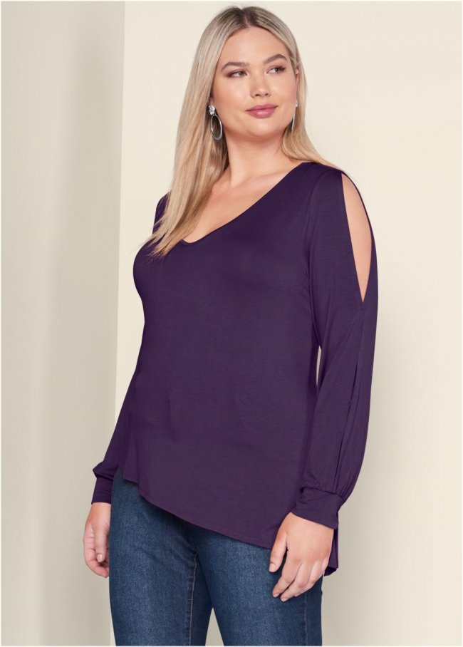 Venus Dark Purple V-NECK COLD-SHOULDER TOP Venus Dark Purple V-NECK COLD-SHOULDER TOP