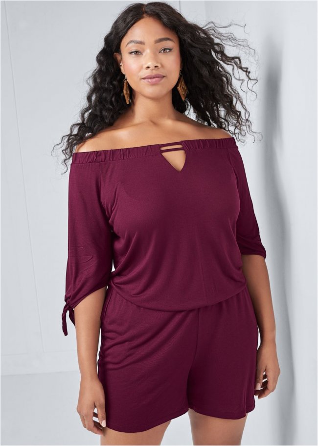 Venus Plus Size Off-The-Shoulder Romper in Dark Red Venus Plus Size Off-The-Shoulder Romper in Dark Red