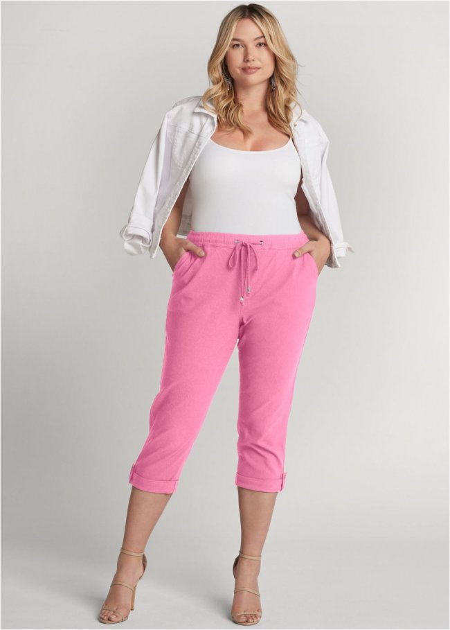 Venus Plus Size Casual Pull-On Cuffed Capris in Pink Venus Plus Size Casual Pull-On Cuffed Capris in Pink