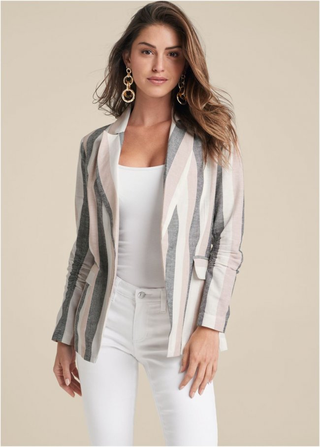 Venus White Multi STRIPED LINEN BLAZER Venus White Multi STRIPED LINEN BLAZER