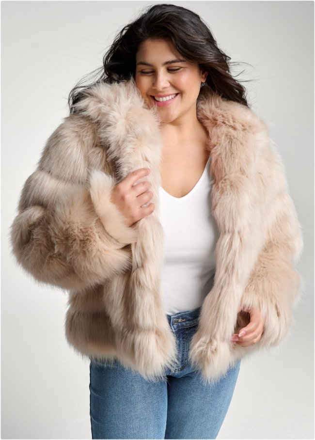 Venus Luxe Tiered Faux Fur Coat in Light Brown Venus Luxe Tiered Faux Fur Coat in Light Brown