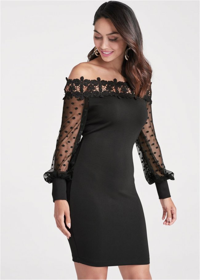 Venus Plus Size Dotted Mesh Off-The-Shoulder Dress Venus Plus Size Dotted Mesh Off-The-Shoulder Dress