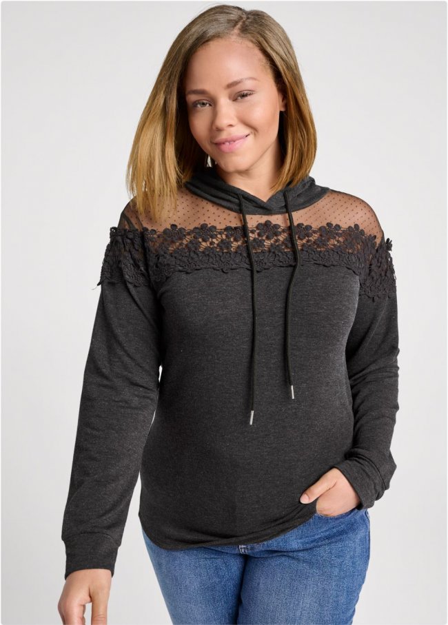 Venus Plus Size Mesh And Lace Sweatshirt in Black Venus Plus Size Mesh And Lace Sweatshirt in Black