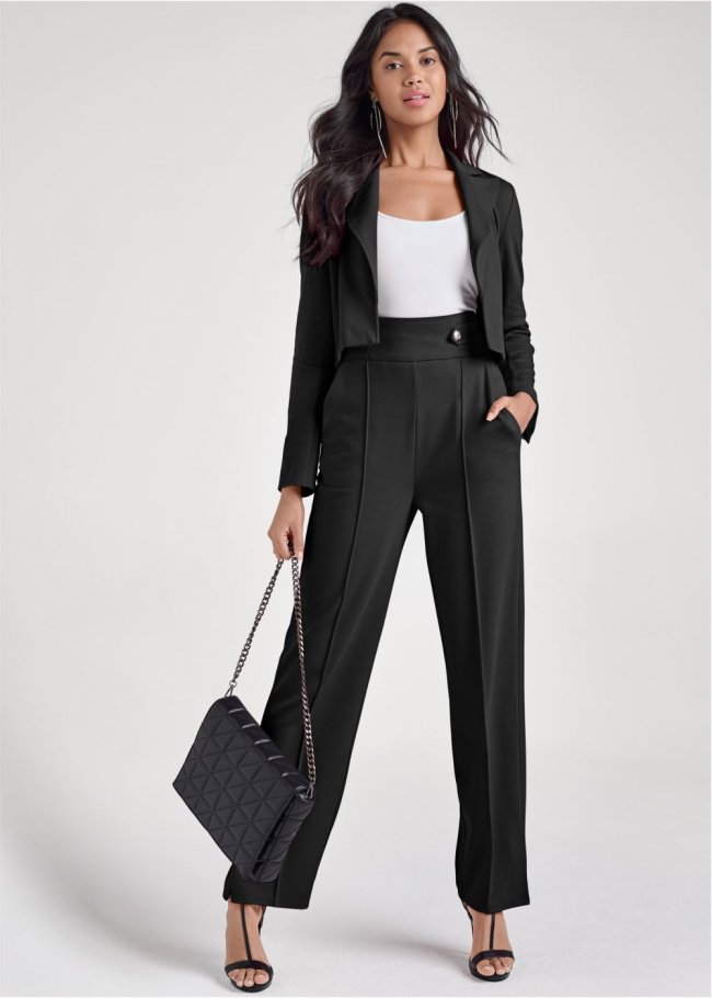Venus Plus Size Cropped Blazer Suit Set in Black Venus Plus Size Cropped Blazer Suit Set in Black