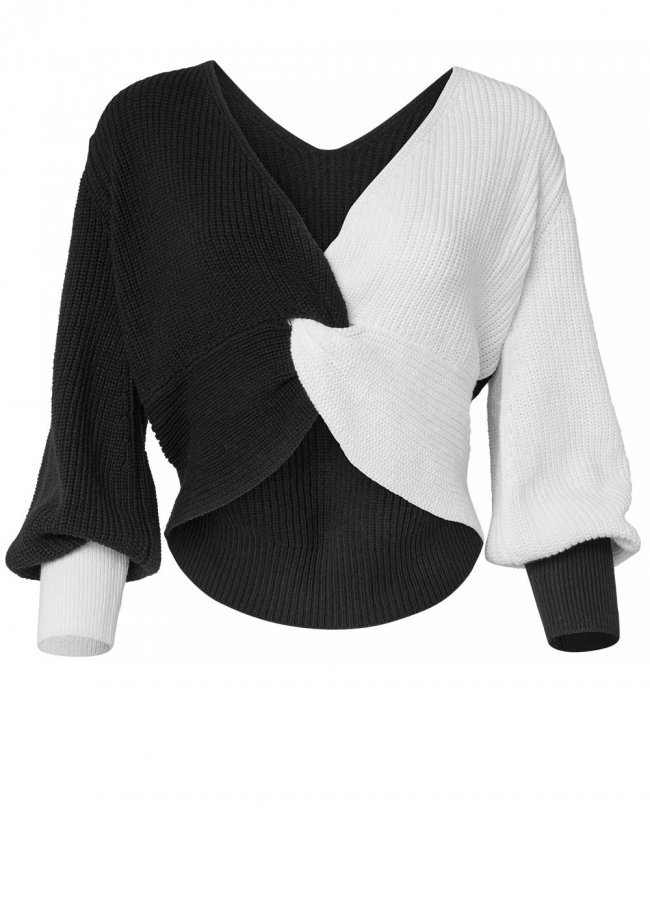 Venus Plus Size Twist V-Back Sweater in Off White & Black Venus Plus Size Twist V-Back Sweater in Off White & Black