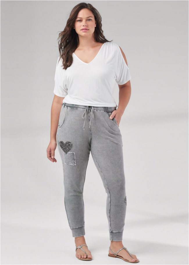 Venus Plus Size Textured Sparkle Joggers in Grey Venus Plus Size Textured Sparkle Joggers in Grey