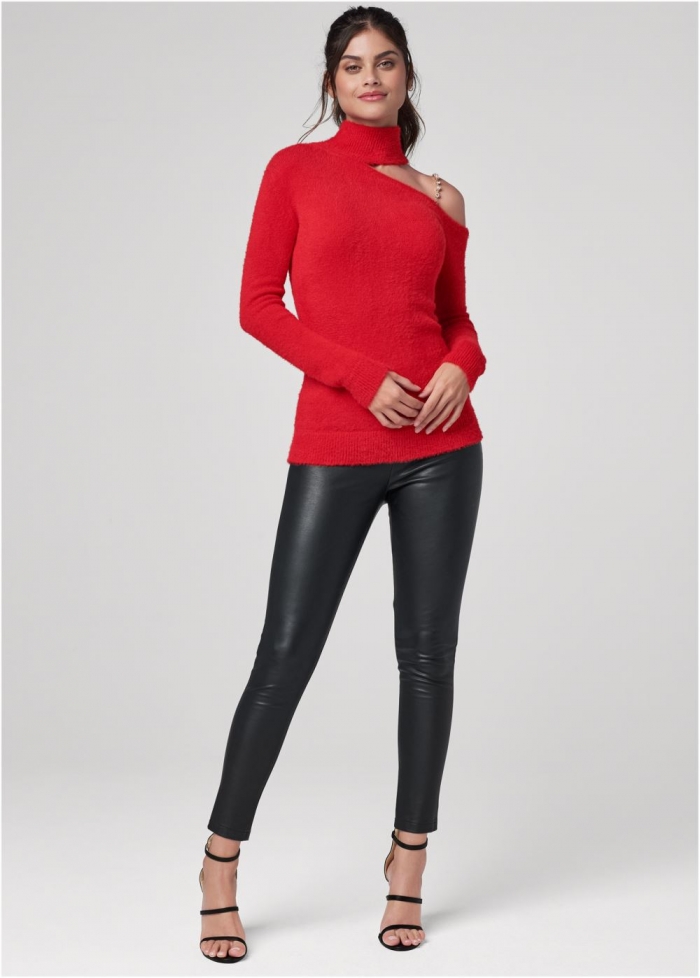 Venus Plus Size Cozy One Shoulder Sweater in Red