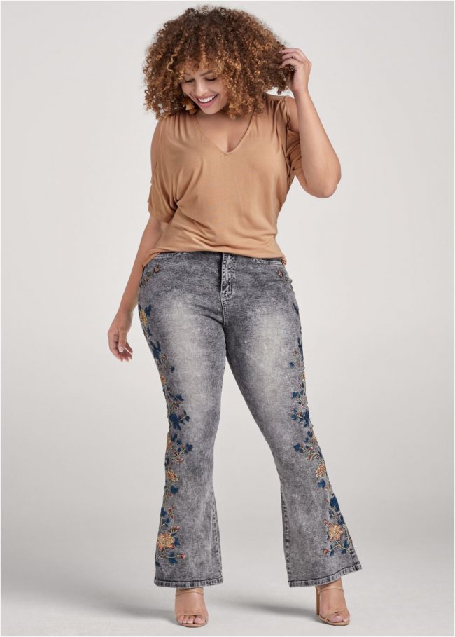 Venus Plus Size Floral Embroidered Jeans in Black Acid Wash Venus Plus Size Floral Embroidered Jeans in Black Acid Wash