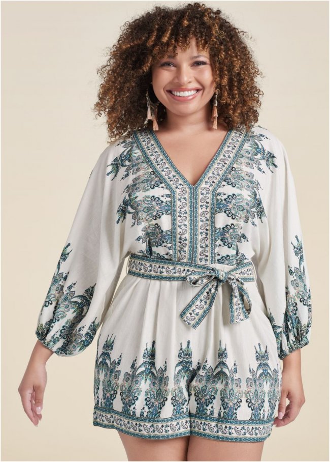 Venus Plus Size Paisley Print Linen Romper in White Multi Venus Plus Size Paisley Print Linen Romper in White Multi