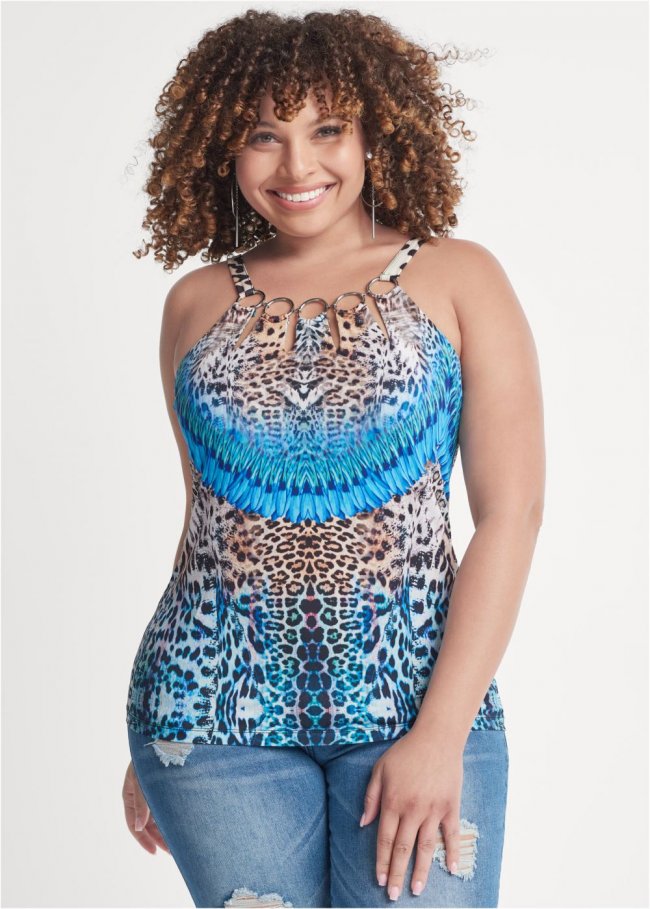 Venus Plus Size Vibrant Abstract Cheetah Ring Detail Top Venus Plus Size Vibrant Abstract Cheetah Ring Detail Top