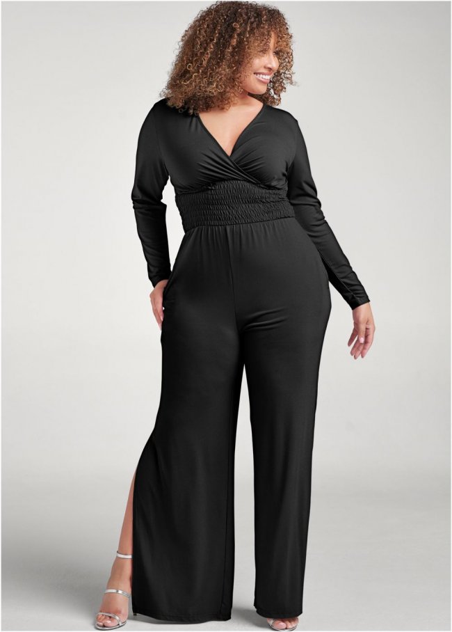 Venus Plus Size Smocked Waist Jumpsuit in Black Venus Plus Size Smocked Waist Jumpsuit in Black
