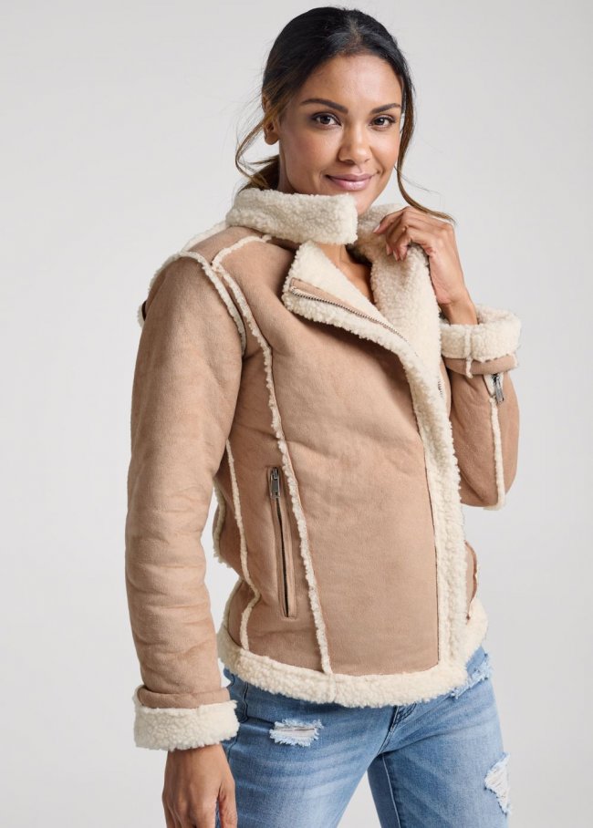 Venus Faux-Suede/Sherpa Moto Coat in Beige Multi Venus Faux-Suede/Sherpa Moto Coat in Beige Multi