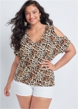 Venus Brown Multi Cold-Shoulder V-Neck Top Venus Brown Multi Cold-Shoulder V-Neck Top