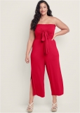 Venus Plus Size Smocked Tie-Front Jumpsuit in Red Venus Plus Size Smocked Tie-Front Jumpsuit in Red