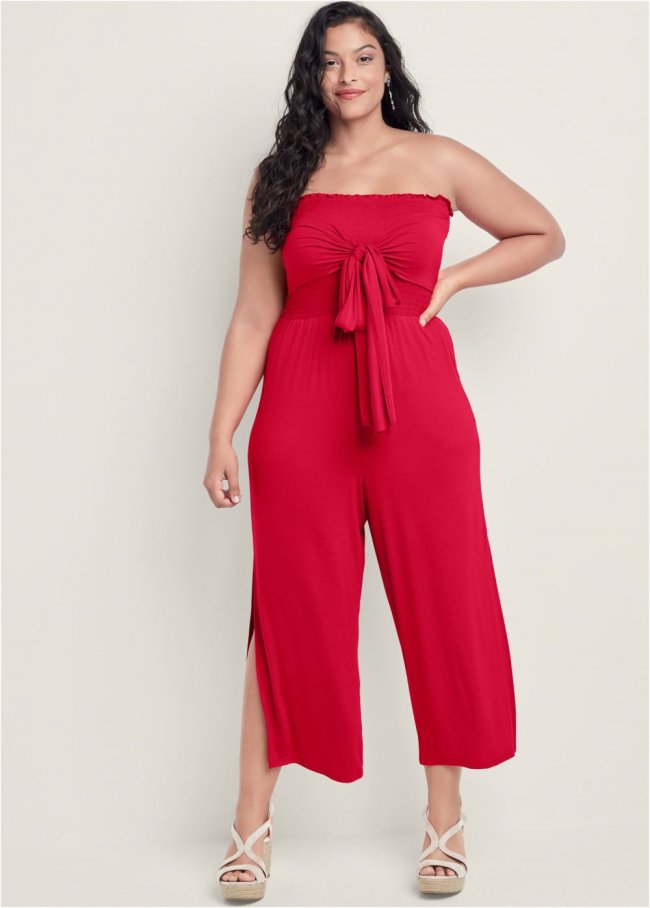 Venus Plus Size Smocked Tie-Front Jumpsuit in Red Venus Plus Size Smocked Tie-Front Jumpsuit in Red