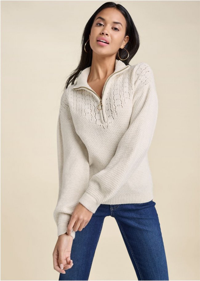 Venus Plus Size Lace Detail Quarter Zip Sweater in Sand Venus Plus Size Lace Detail Quarter Zip Sweater in Sand